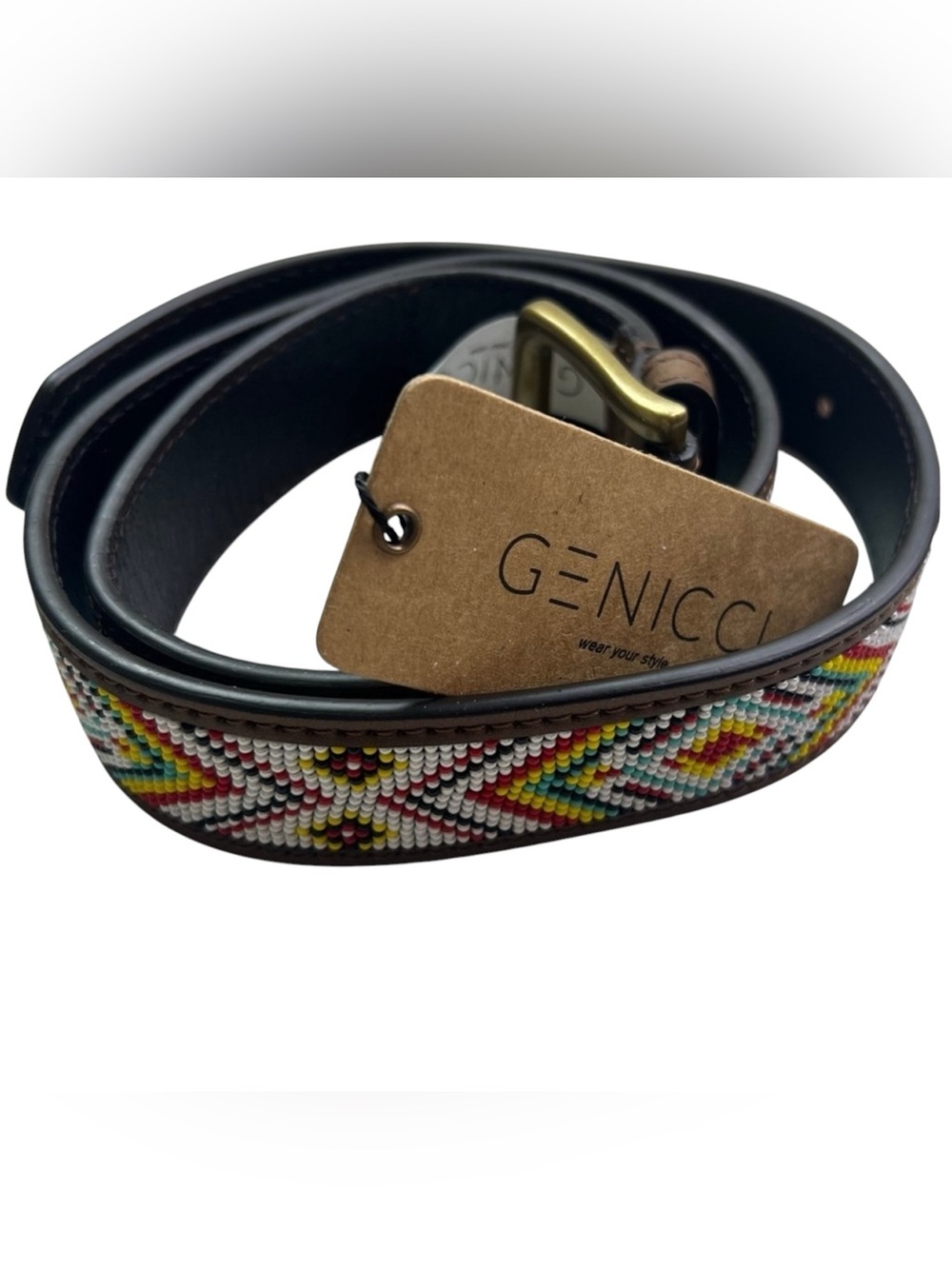 Genicci Leather Beaded 1.25 Inch Buffalo Leather Aztec Tribal Multicolor Belt